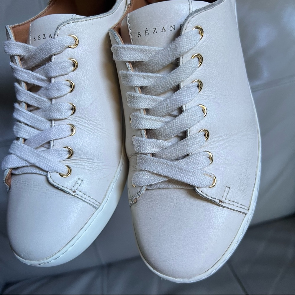 SEZANE Women’s Leather Sneakers EU 35 US Sz 5 Jack Trainers Beige Lace Up Chic - Picture 15 of 17